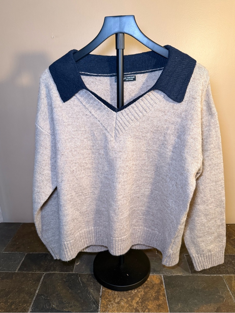 SHEIN Beige V-Neck Sweater with Navy Contrast Collar